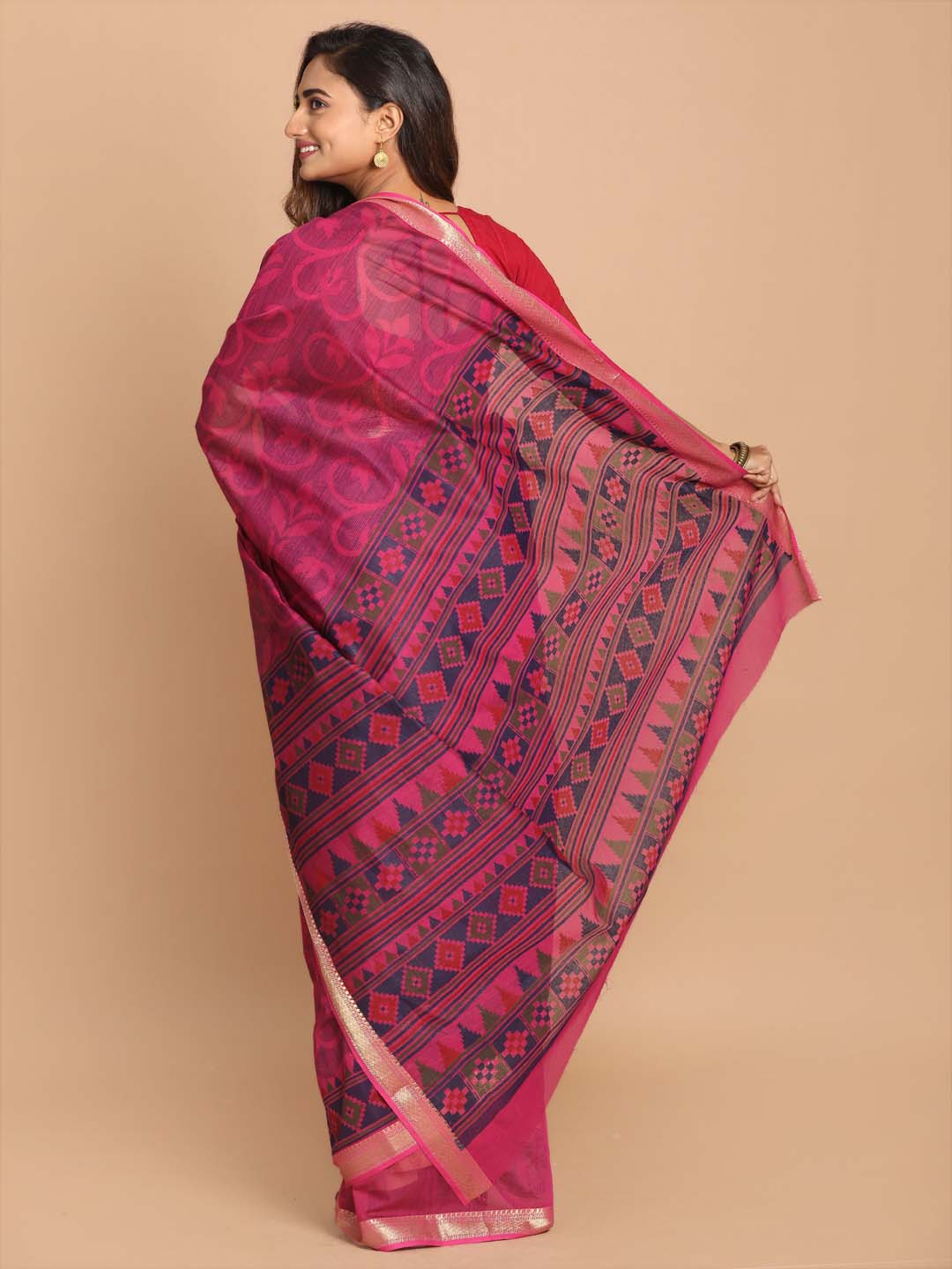 Indethnic Printed Cotton Blend Saree in Purple - View 3