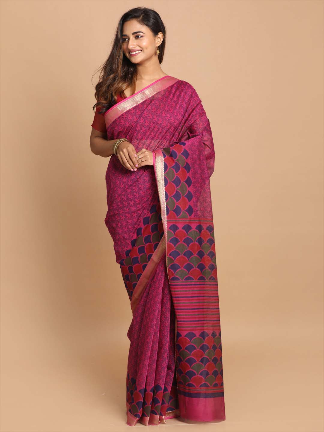 Indethnic Printed Cotton Blend Saree in Purple - View 1