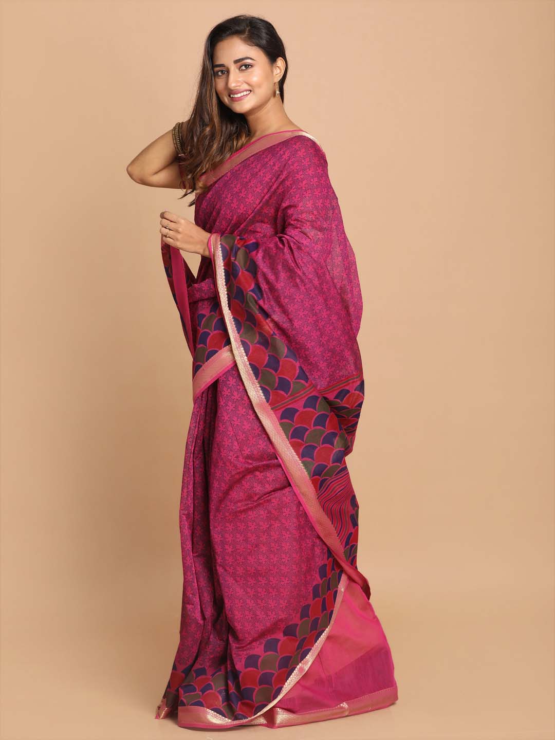 Indethnic Printed Cotton Blend Saree in Purple - View 1