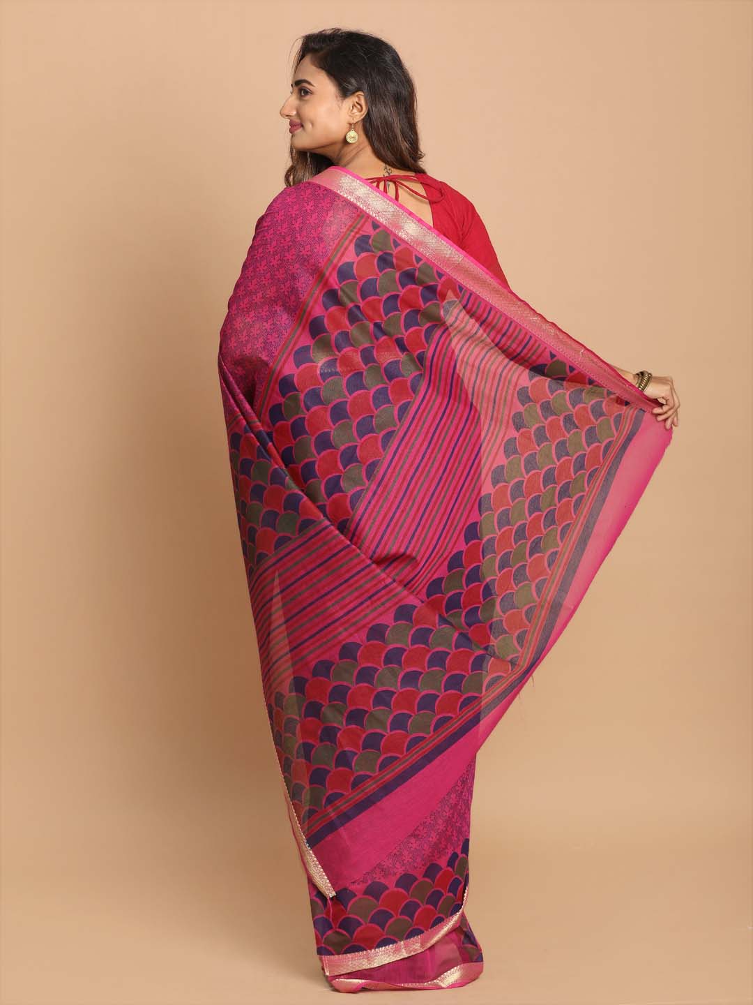 Indethnic Printed Cotton Blend Saree in Purple - View 3