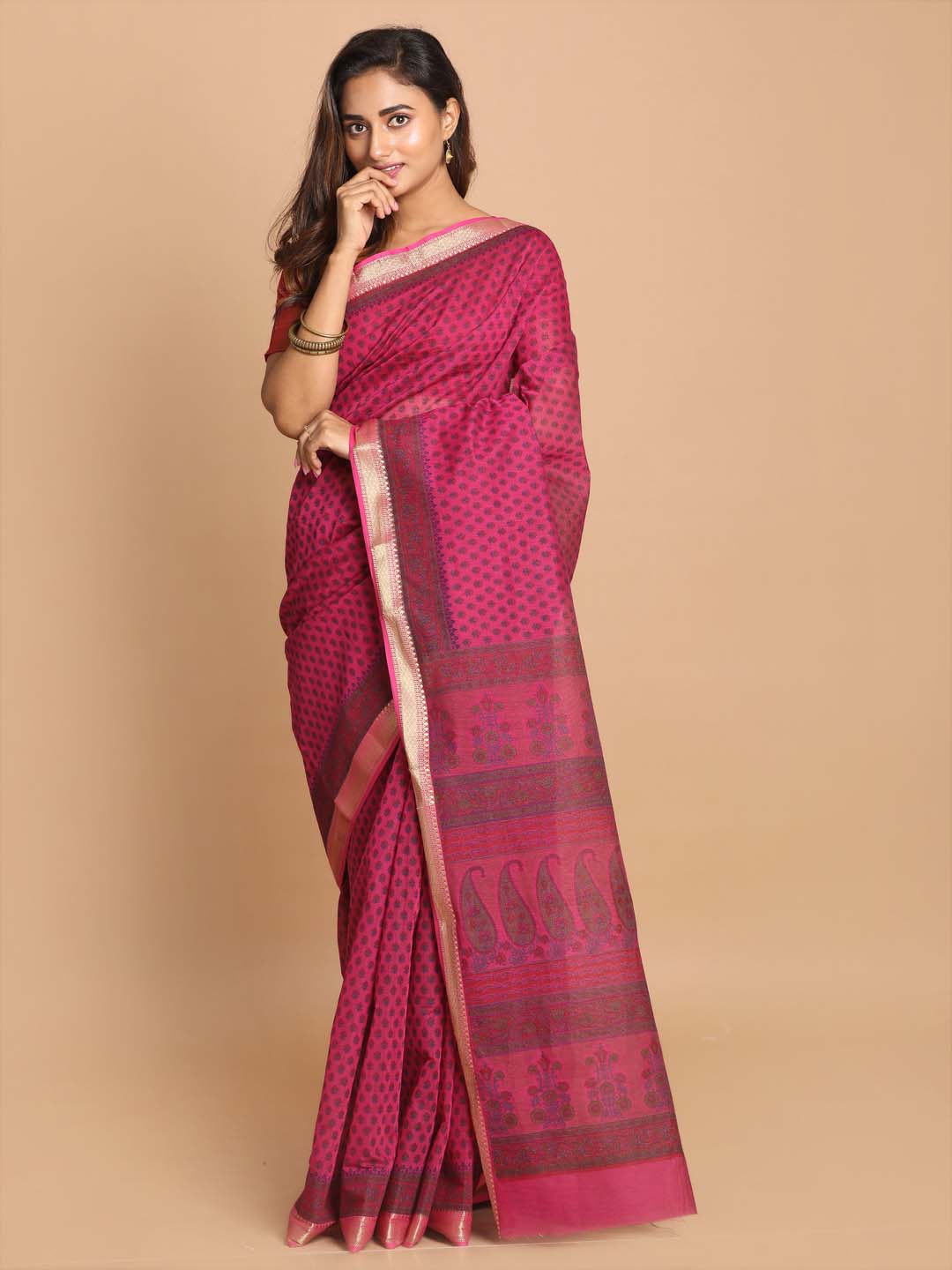 Indethnic Printed Cotton Blend Saree in Purple - View 1