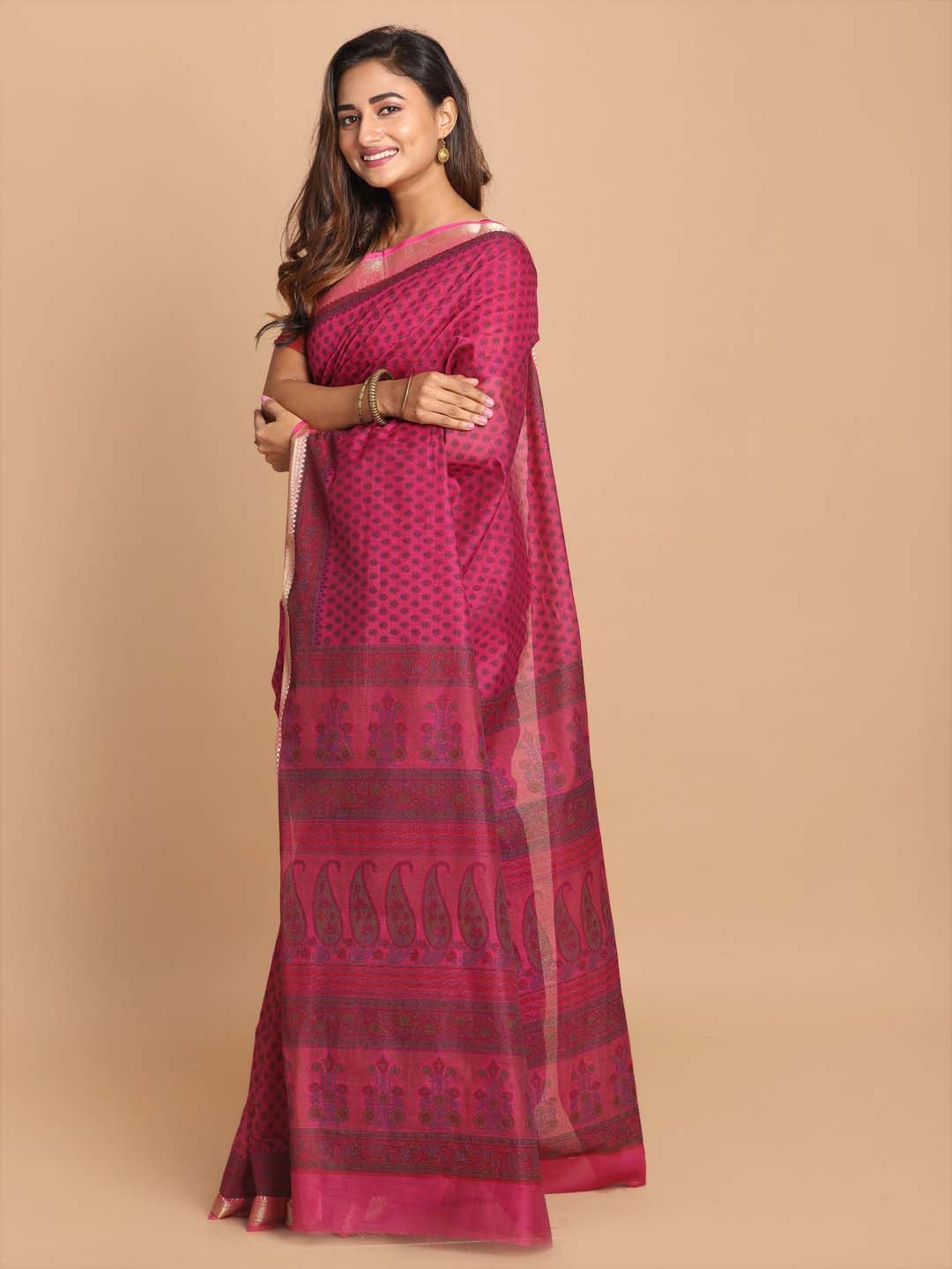 Indethnic Printed Cotton Blend Saree in Purple - View 2