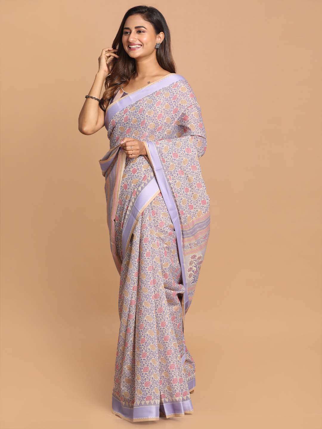 Indethnic Printed Cotton Blend Saree in Purple - View 2