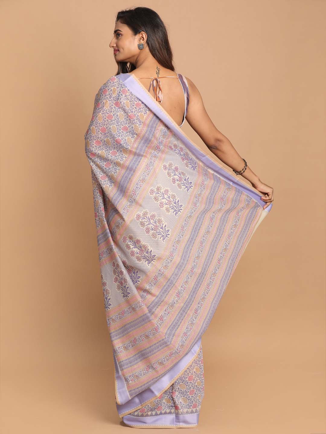 Indethnic Printed Cotton Blend Saree in Purple - View 3