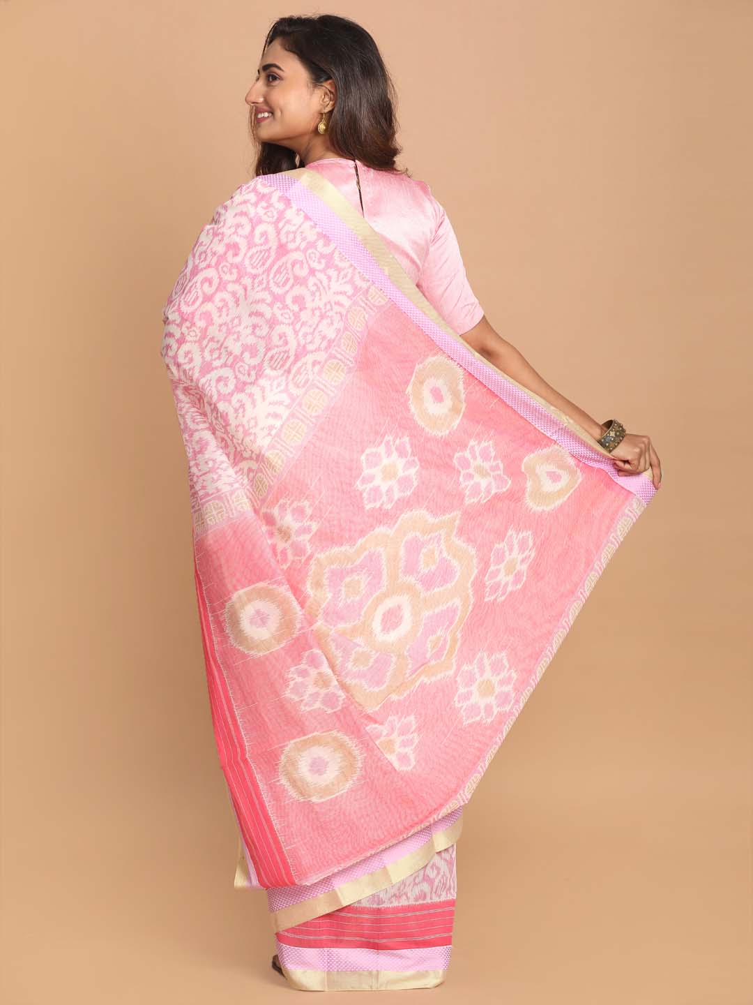 Indethnic Printed Cotton Blend Saree in Purple - View 3