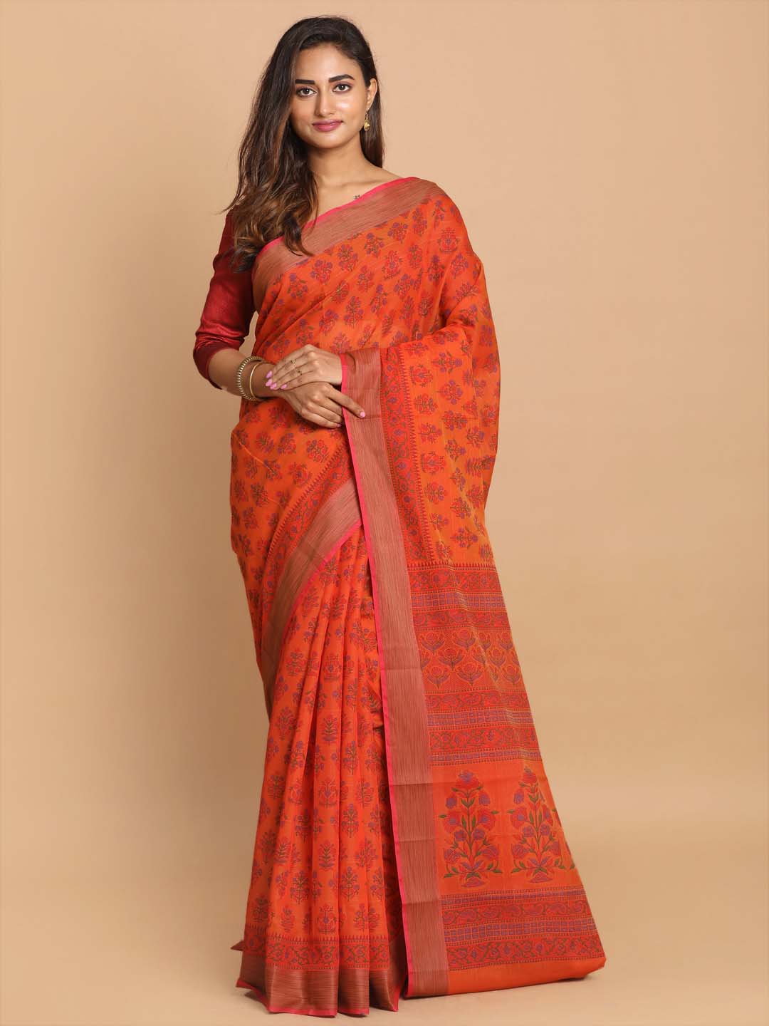 Indethnic Printed Cotton Blend Saree in Rust - View 1