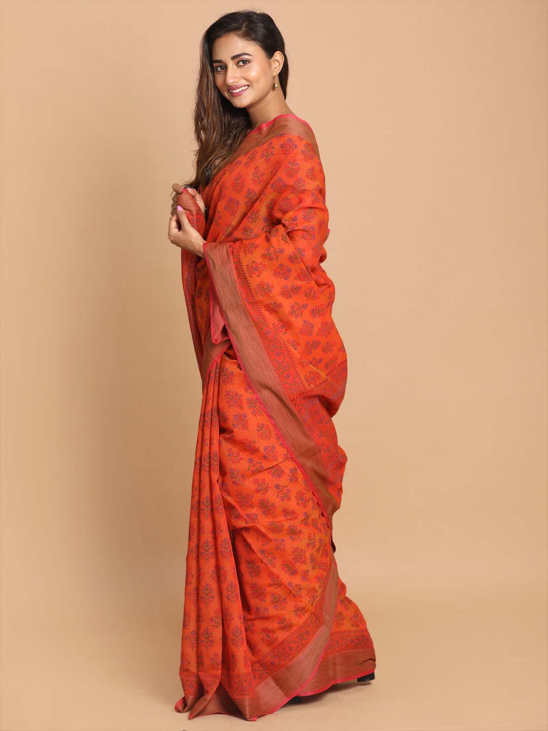 Indethnic Printed Cotton Blend Saree in Rust - View 2