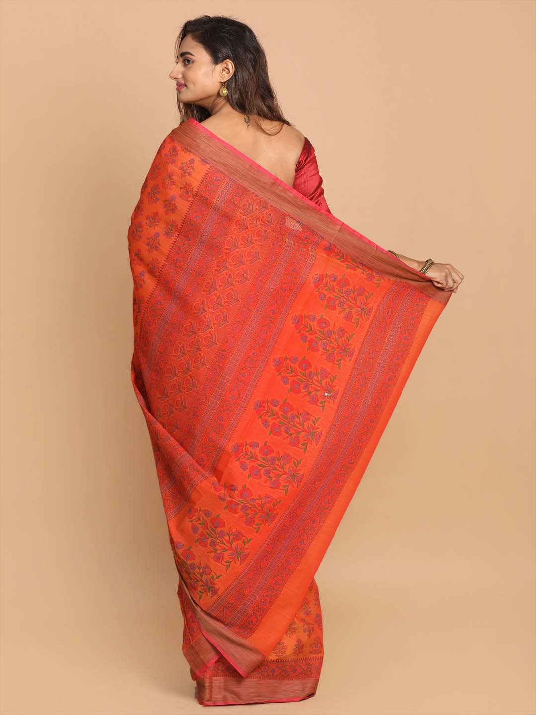 Indethnic Printed Cotton Blend Saree in Rust - View 3