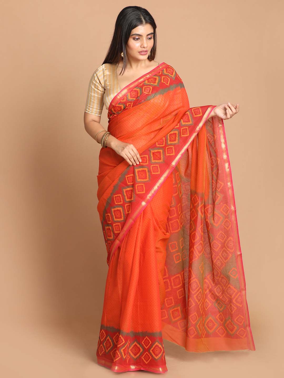 Indethnic Printed Cotton Blend Saree in Rust - View 1