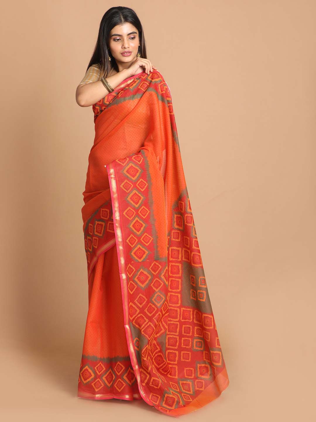 Indethnic Printed Cotton Blend Saree in Rust - View 2