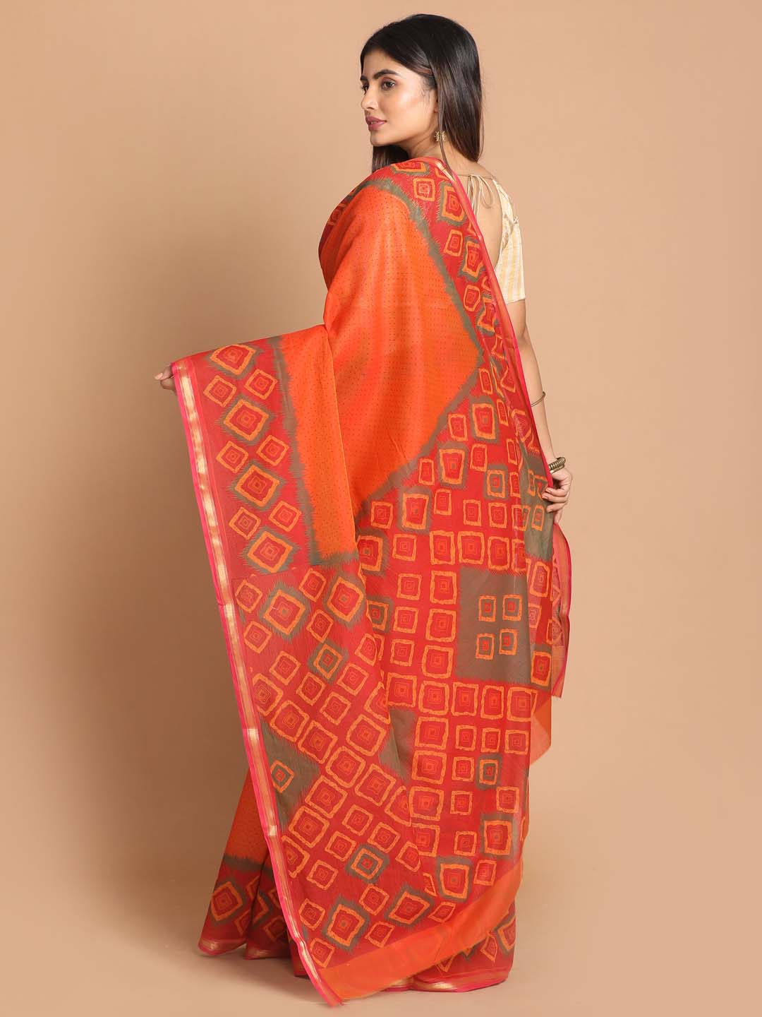 Indethnic Printed Cotton Blend Saree in Rust - View 3