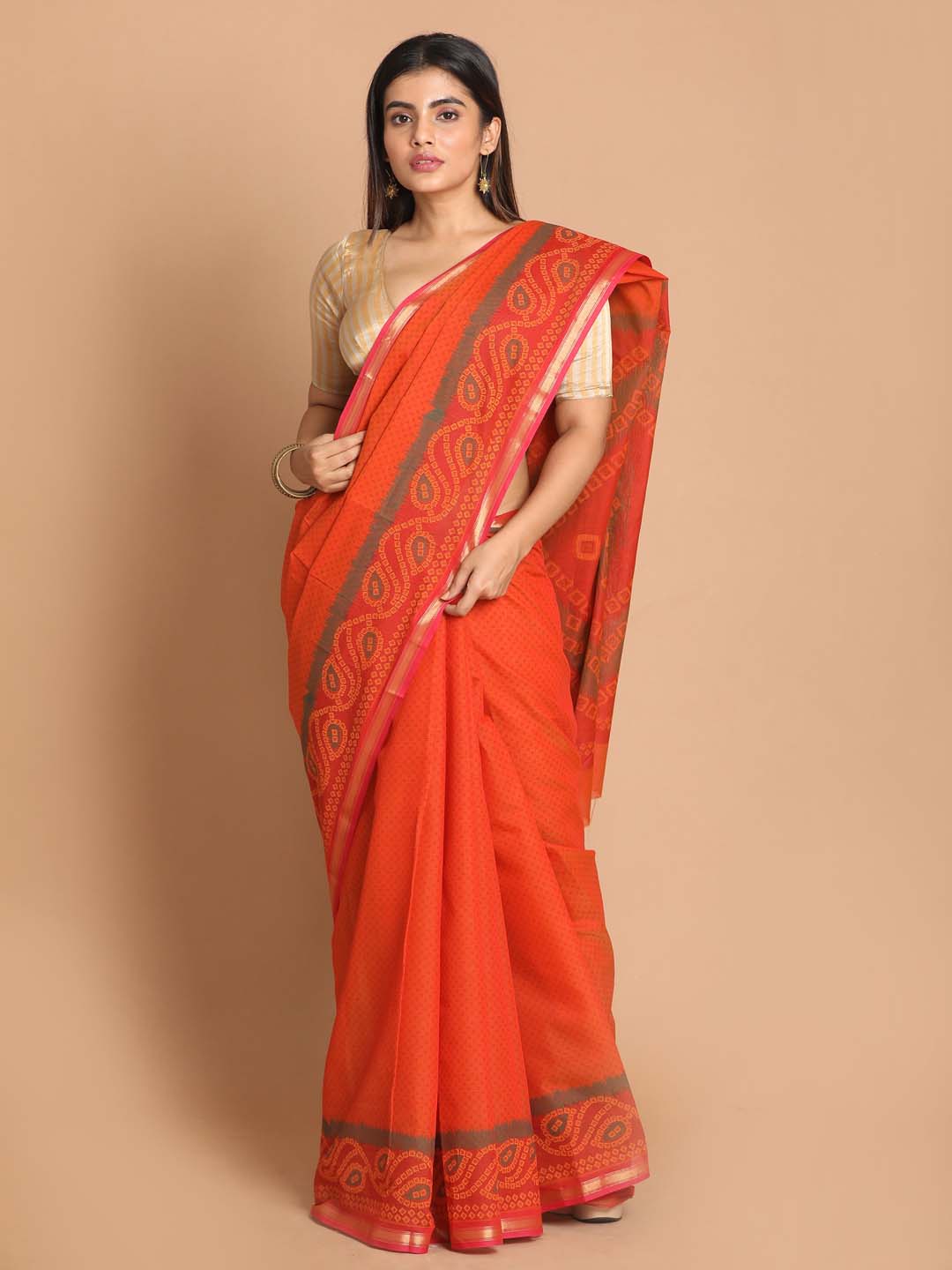Indethnic Printed Cotton Blend Saree in Rust - View 1