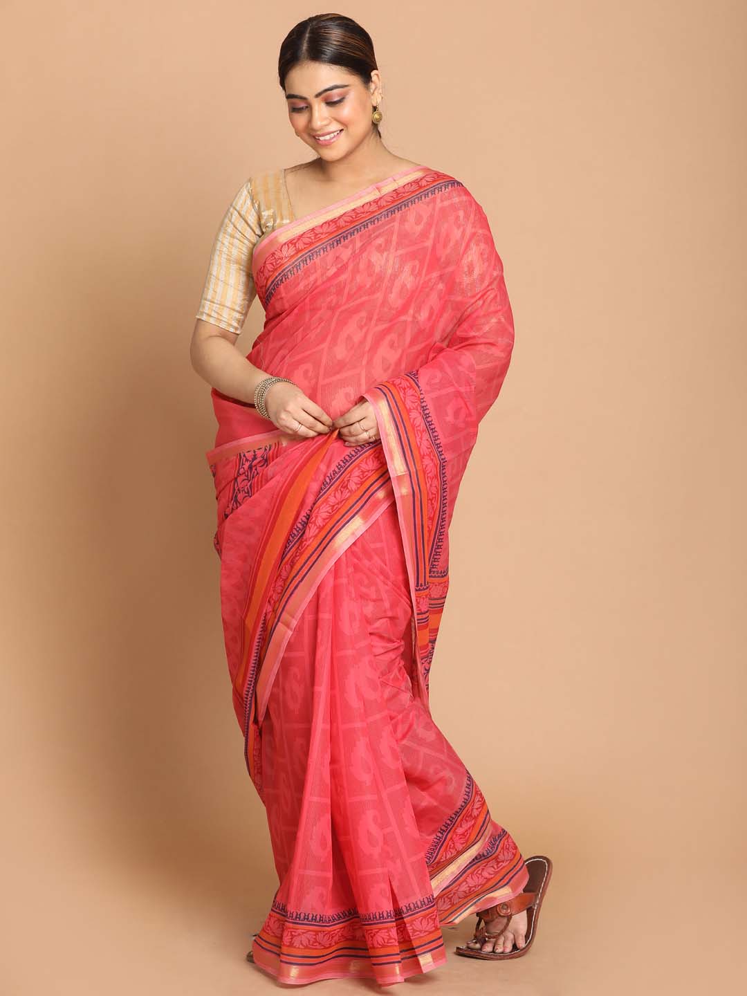 Indethnic Printed Cotton Blend Saree in Rust - View 1