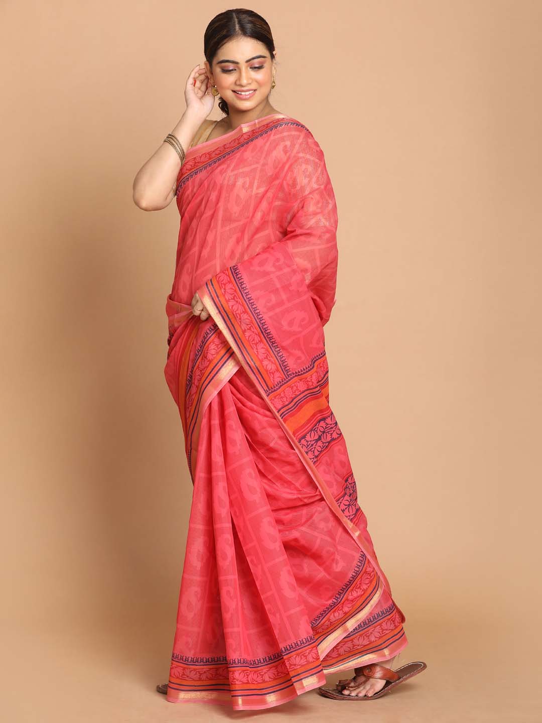 Indethnic Printed Cotton Blend Saree in Rust - View 2