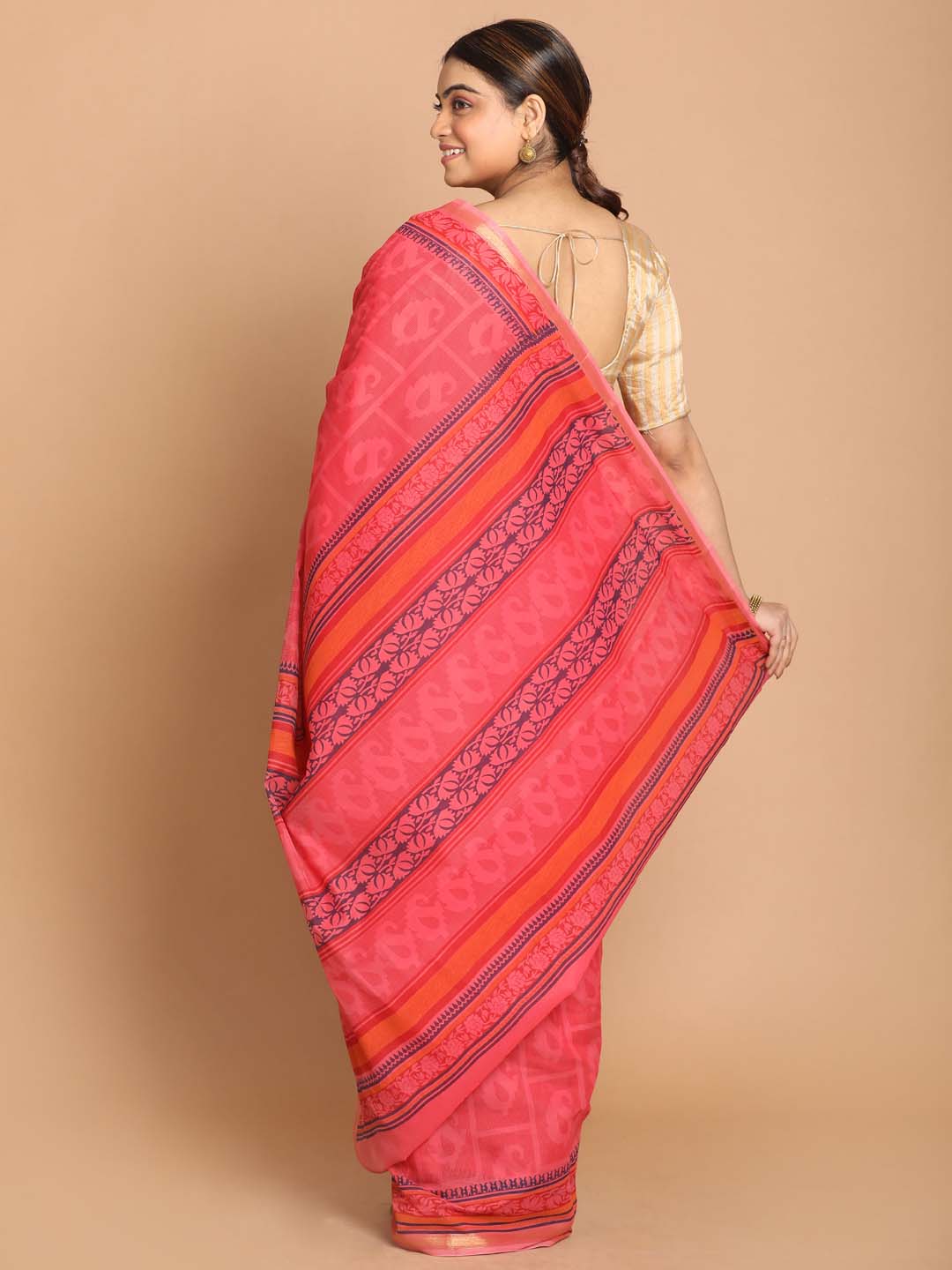 Indethnic Printed Cotton Blend Saree in Rust - View 3