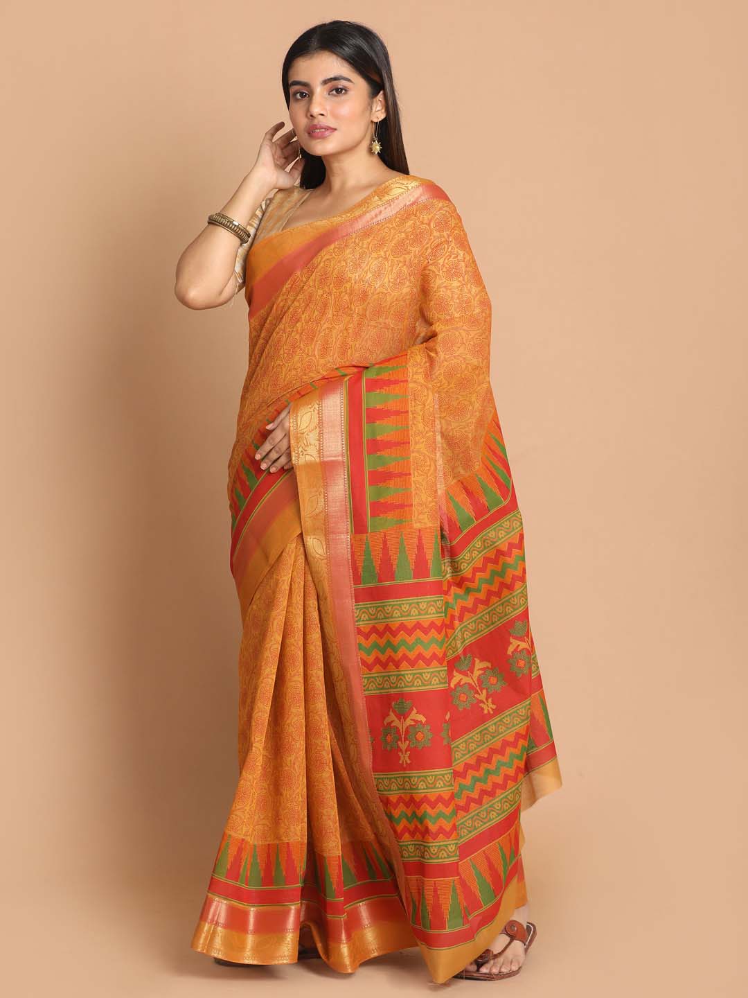 Indethnic Printed Cotton Blend Saree in Rust - View 1