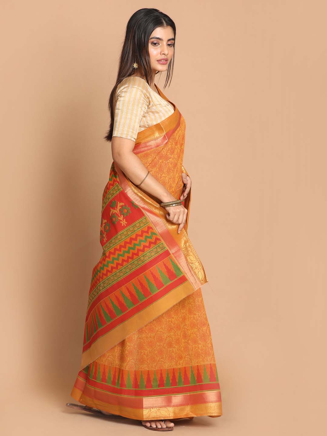 Indethnic Printed Cotton Blend Saree in Rust - View 2