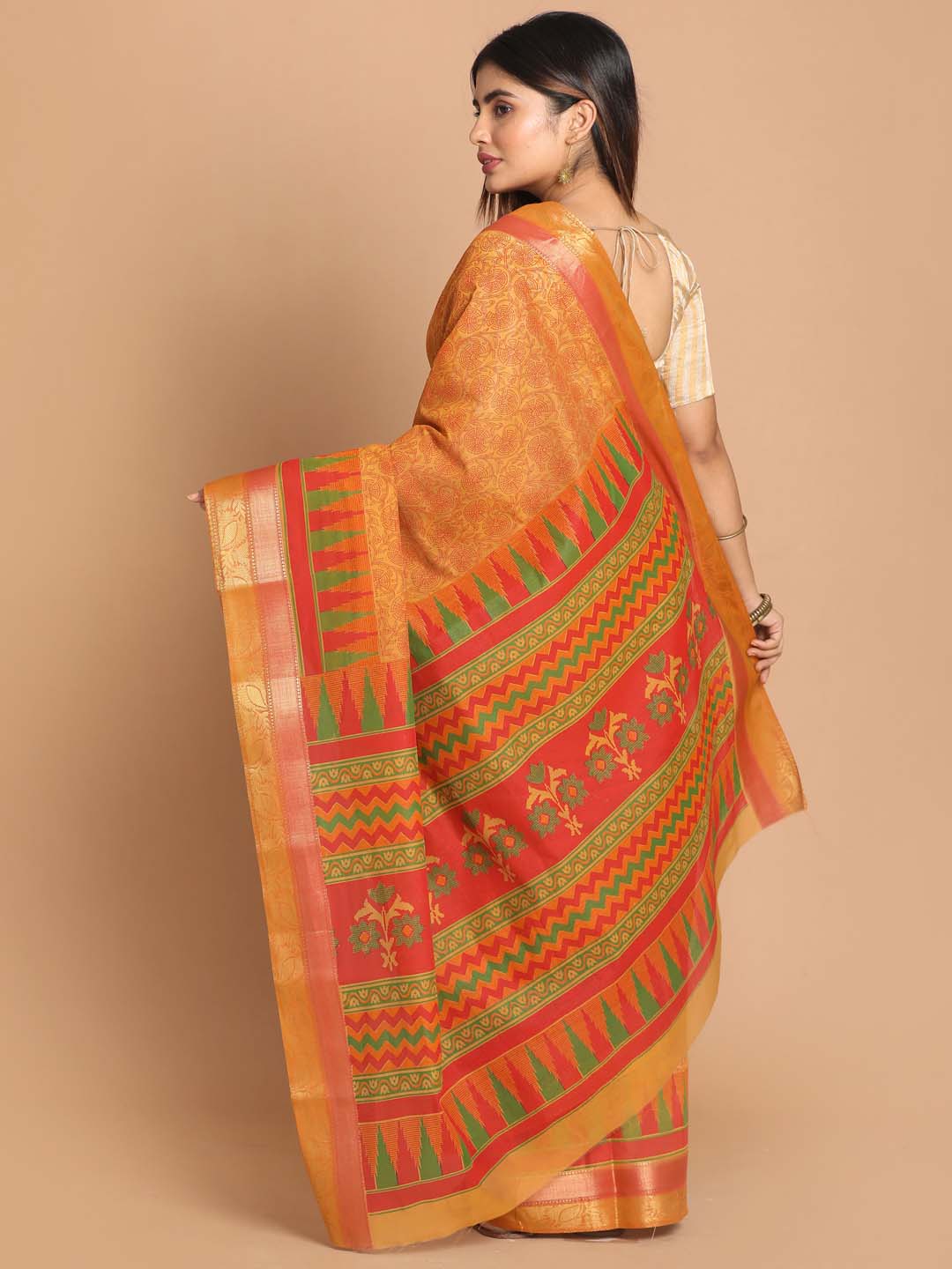 Indethnic Printed Cotton Blend Saree in Rust - View 3