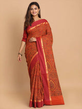 PRINTED COTTON BLEND SAREE IN RUST (GADWAL COTTON BLEND SAREE)