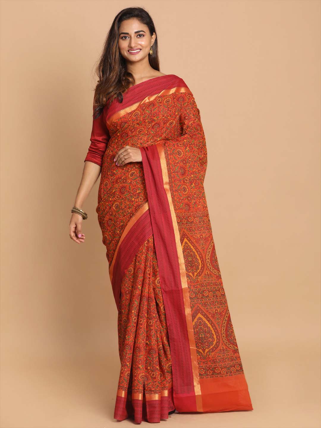 Indethnic Printed Cotton Blend Saree in Rust - View 1