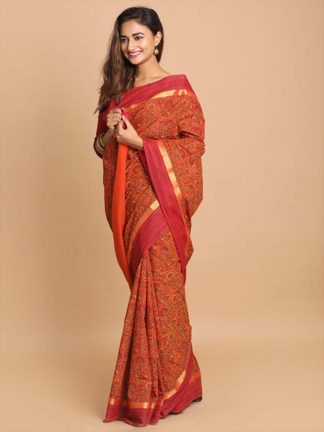 Indethnic Printed Cotton Blend Saree in Rust - View 1