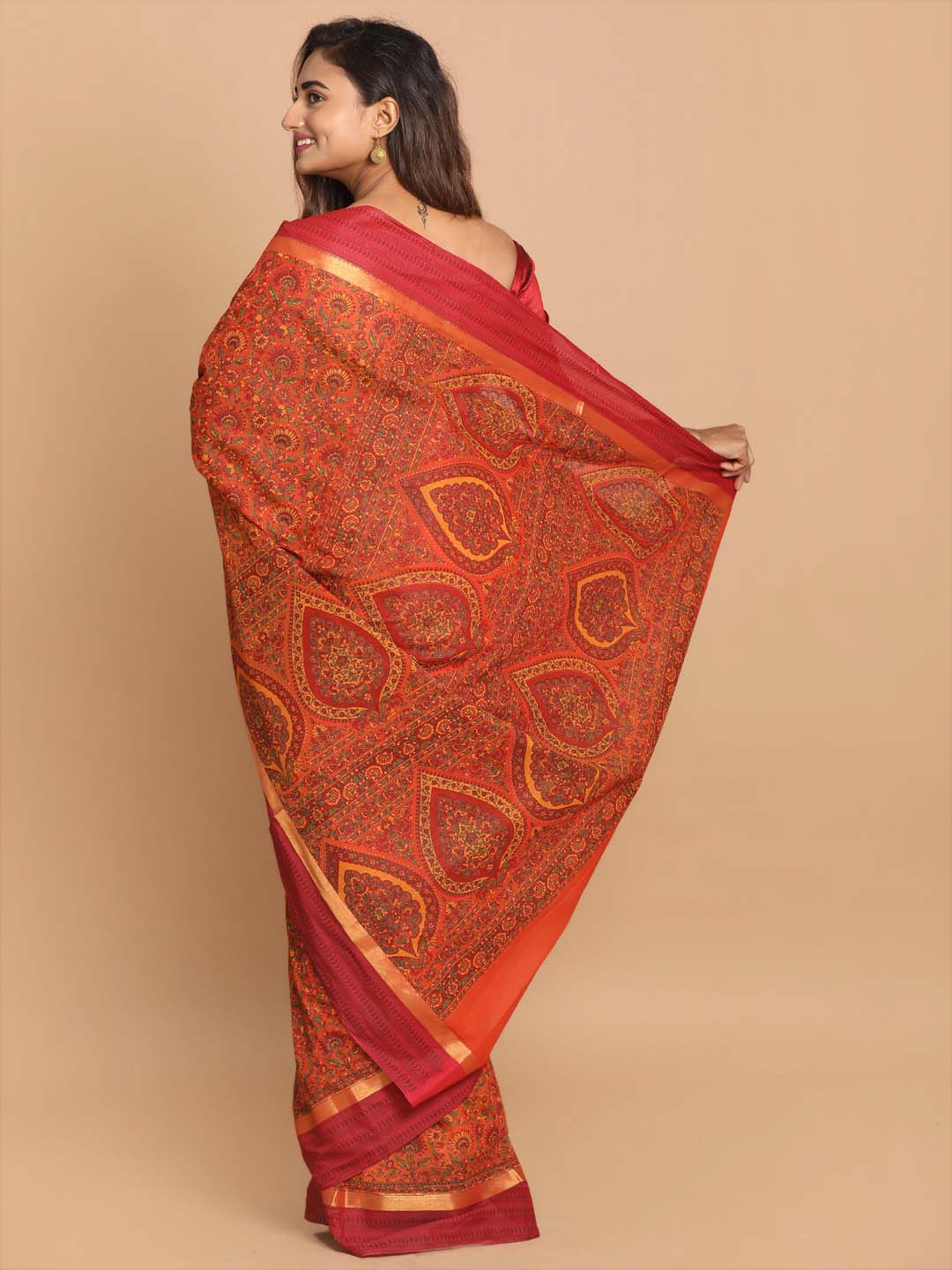 Indethnic Printed Cotton Blend Saree in Rust - View 3