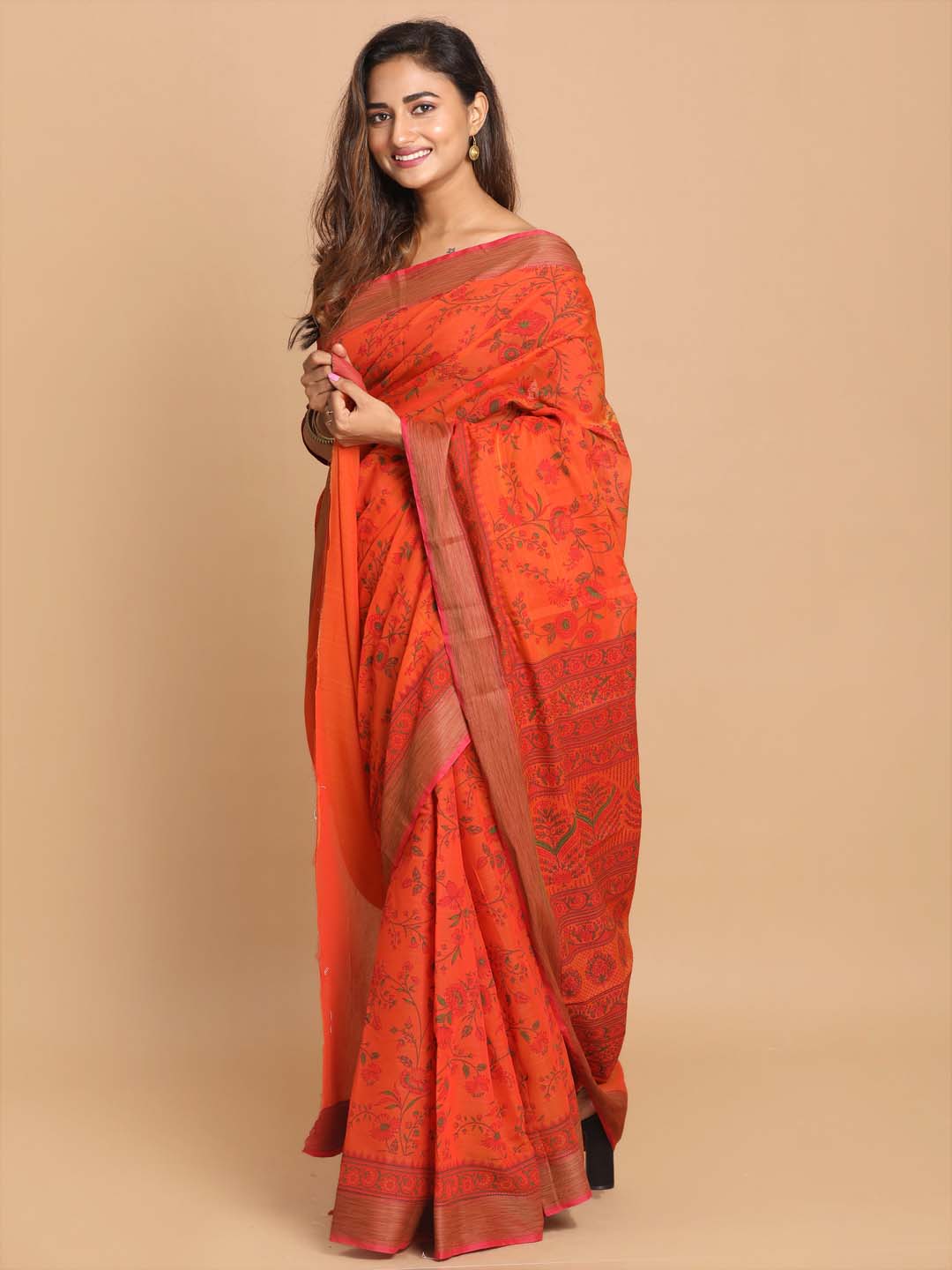 Indethnic Printed Cotton Blend Saree in Rust - Saree Detail View