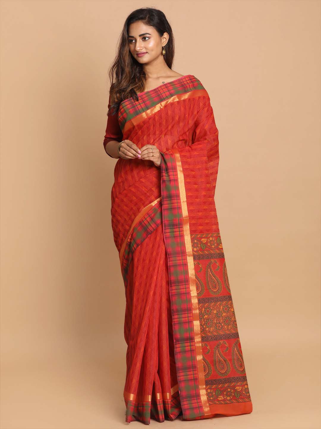 Indethnic Printed Cotton Blend Saree in Rust - View 1