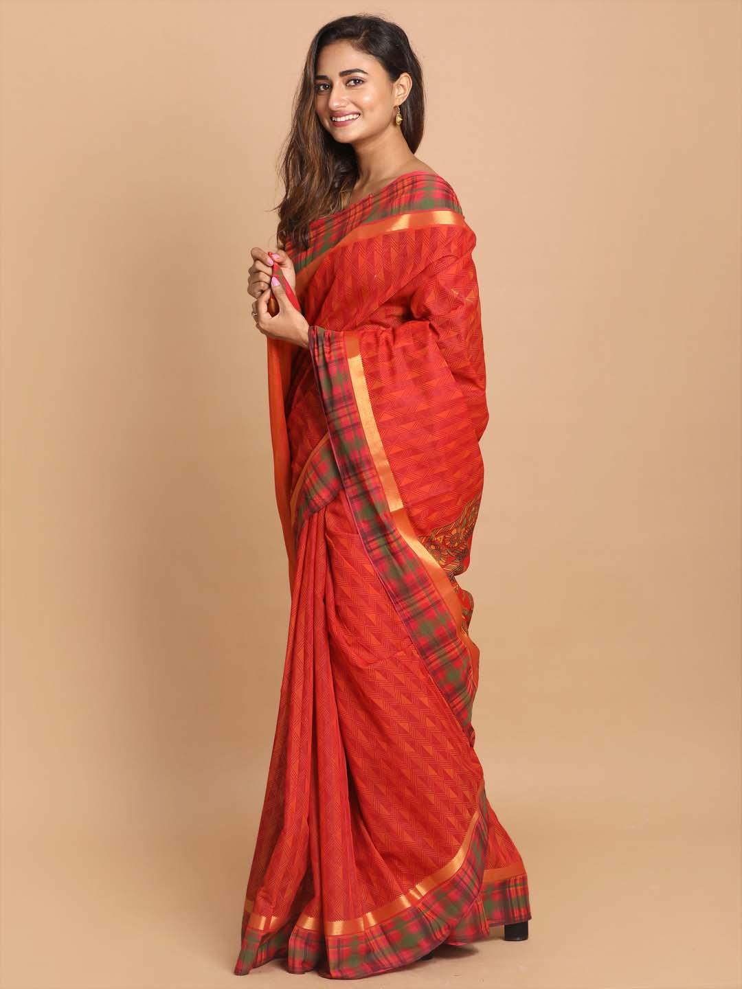 Indethnic Printed Cotton Blend Saree in Rust - View 2