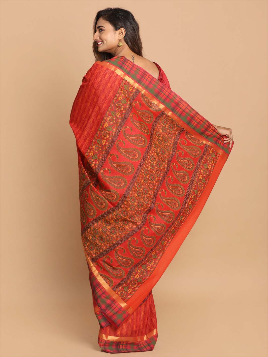 Indethnic Printed Cotton Blend Saree in Rust - View 3