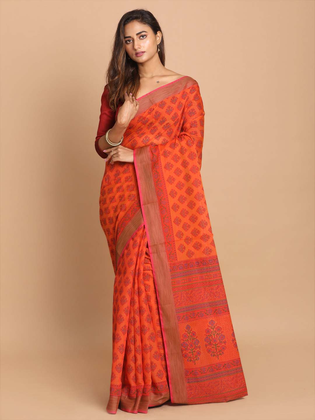 Indethnic Printed Cotton Blend Saree in Rust - View 1