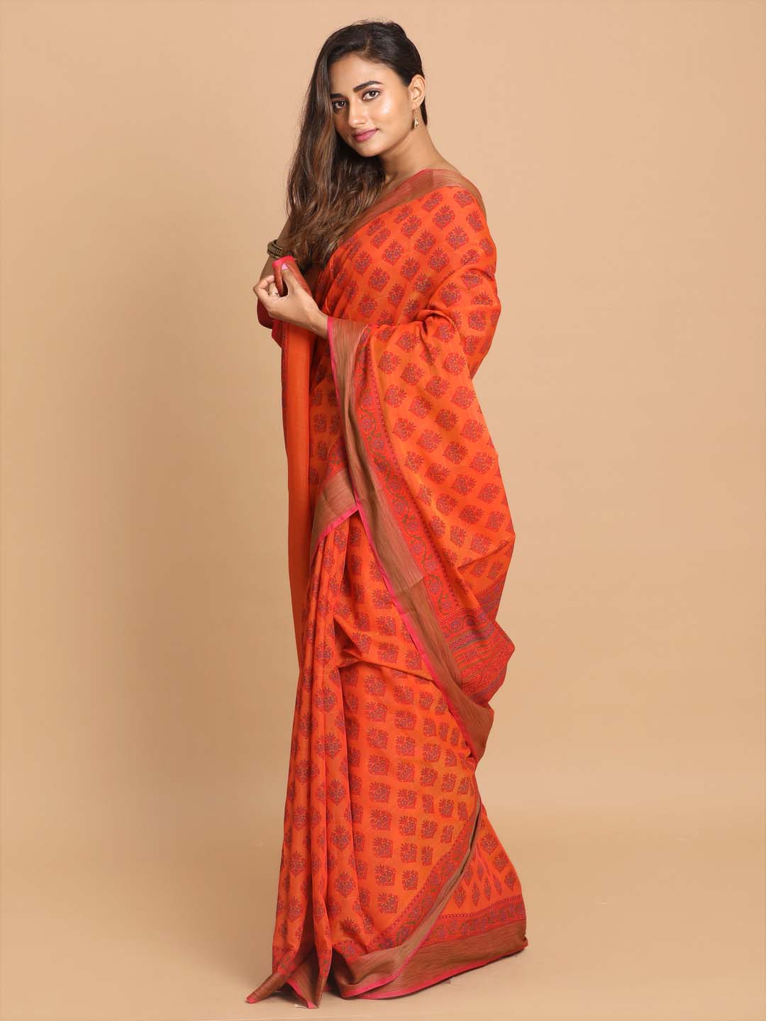 Indethnic Printed Cotton Blend Saree in Rust - View 2