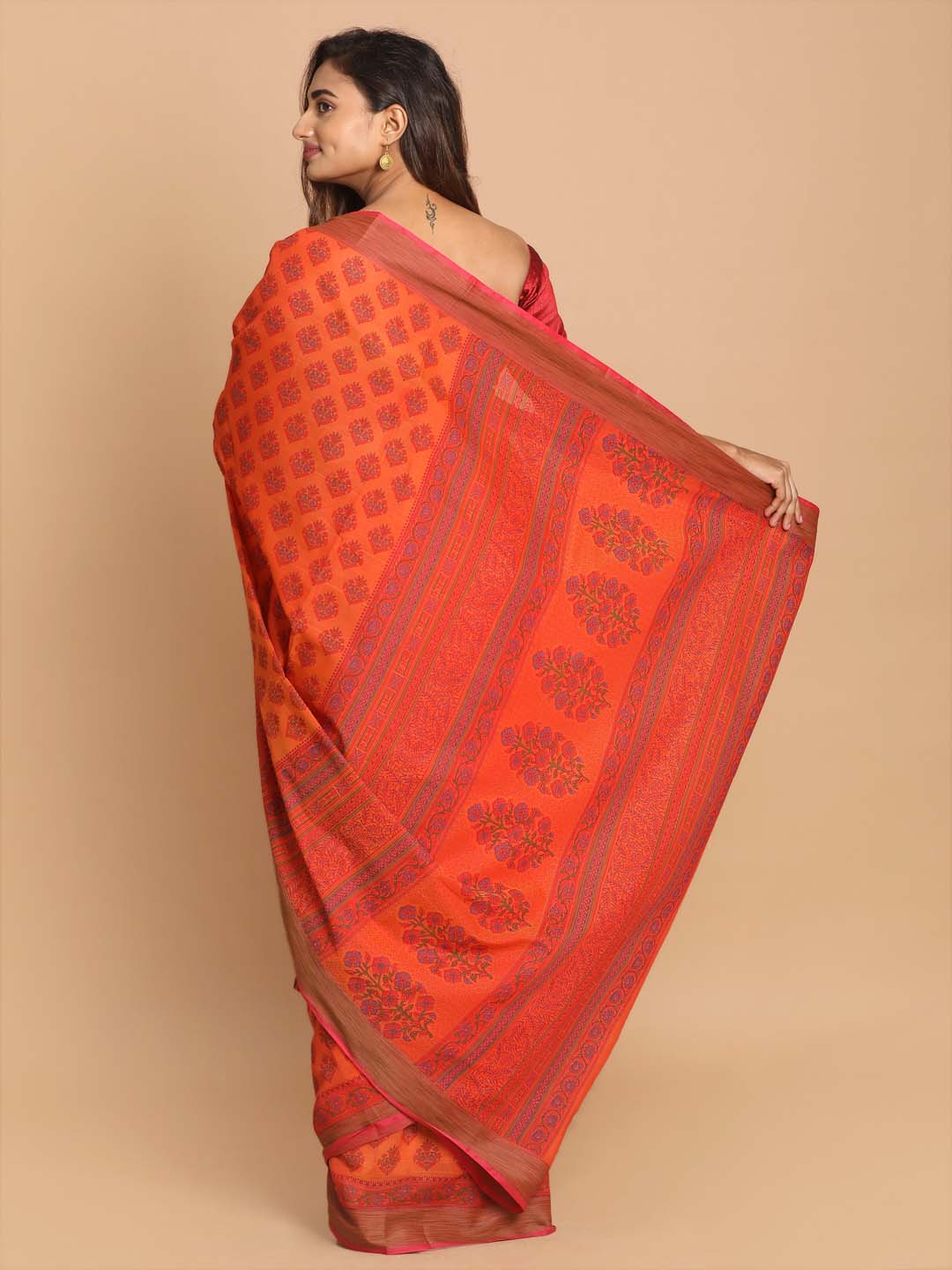 Indethnic Printed Cotton Blend Saree in Rust - View 3