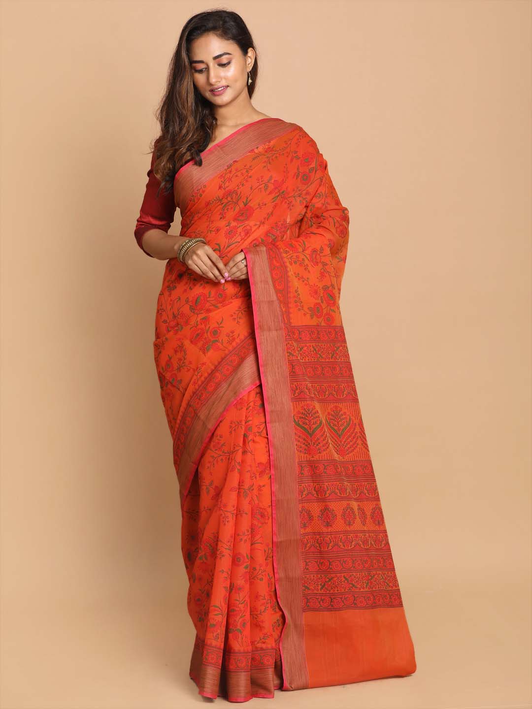 Indethnic Printed Cotton Blend Saree in Rust - View 1