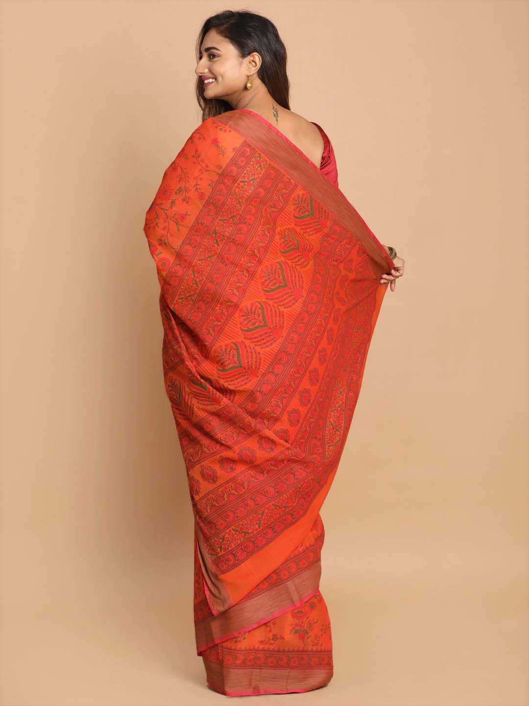 Indethnic Printed Cotton Blend Saree in Rust - View 2