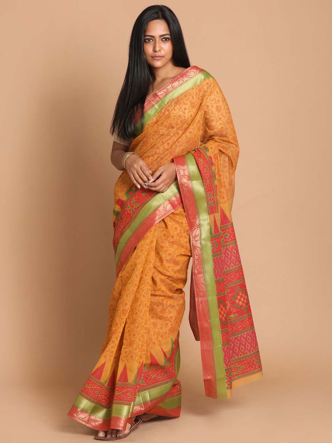 Indethnic Printed Cotton Blend Saree in Rust - View 1