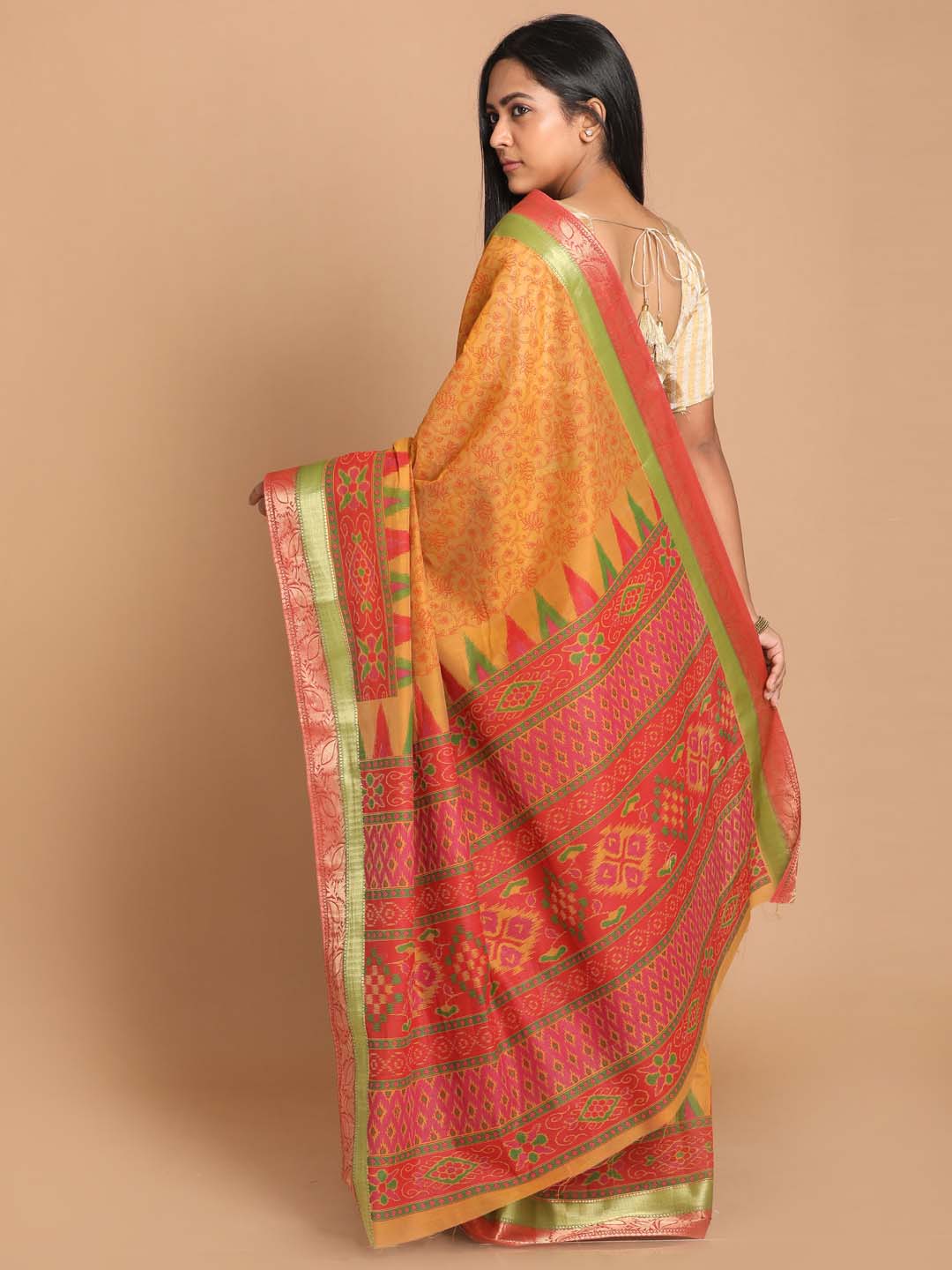 Indethnic Printed Cotton Blend Saree in Rust - View 3