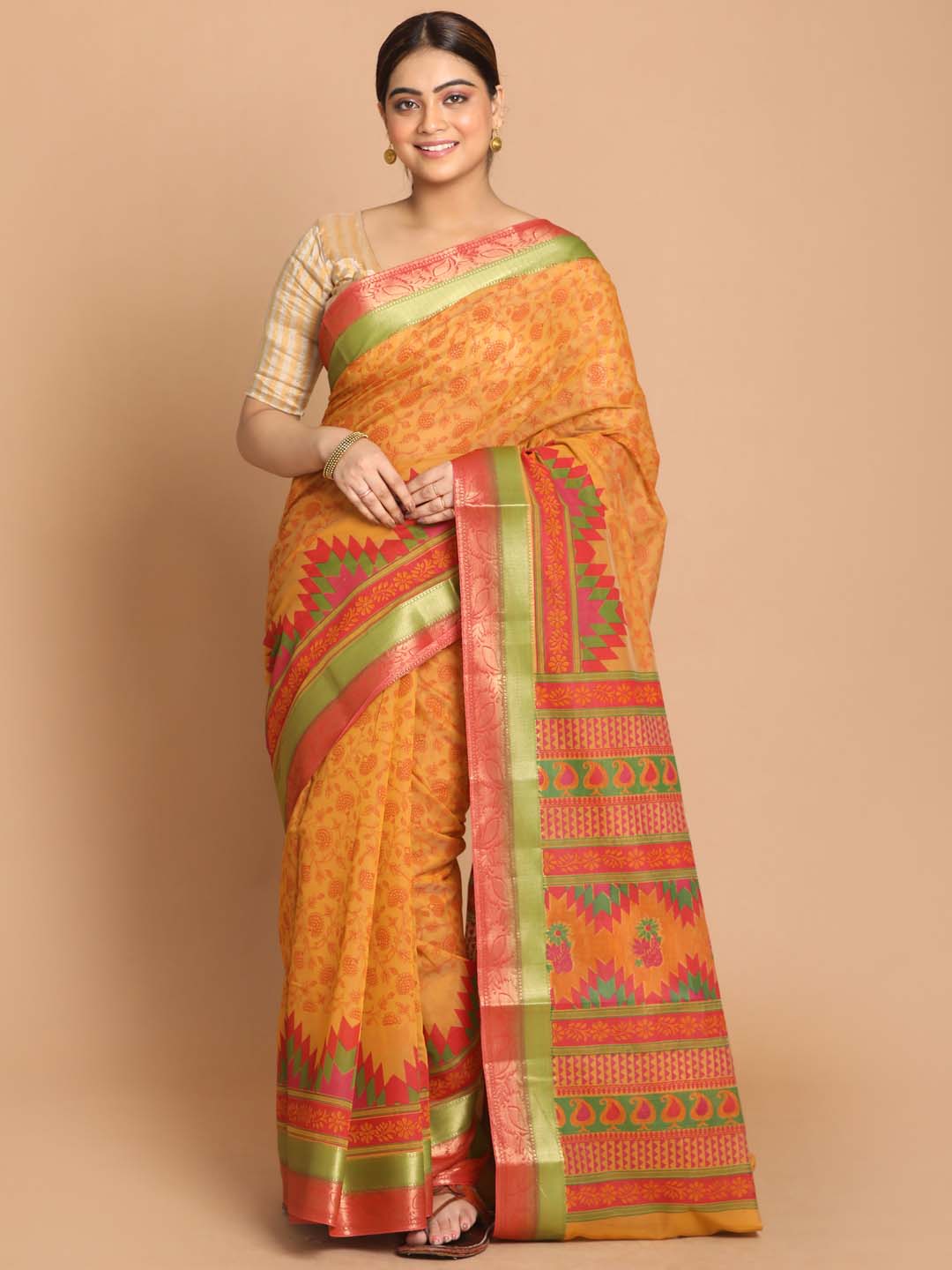 Indethnic Printed Cotton Blend Saree in Rust - View 1