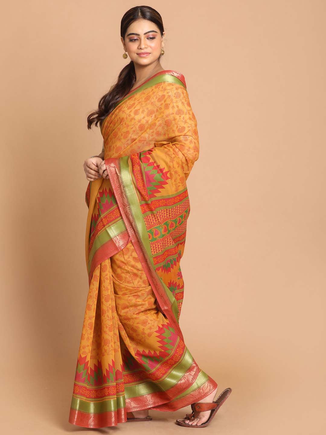 Indethnic Printed Cotton Blend Saree in Rust - View 2