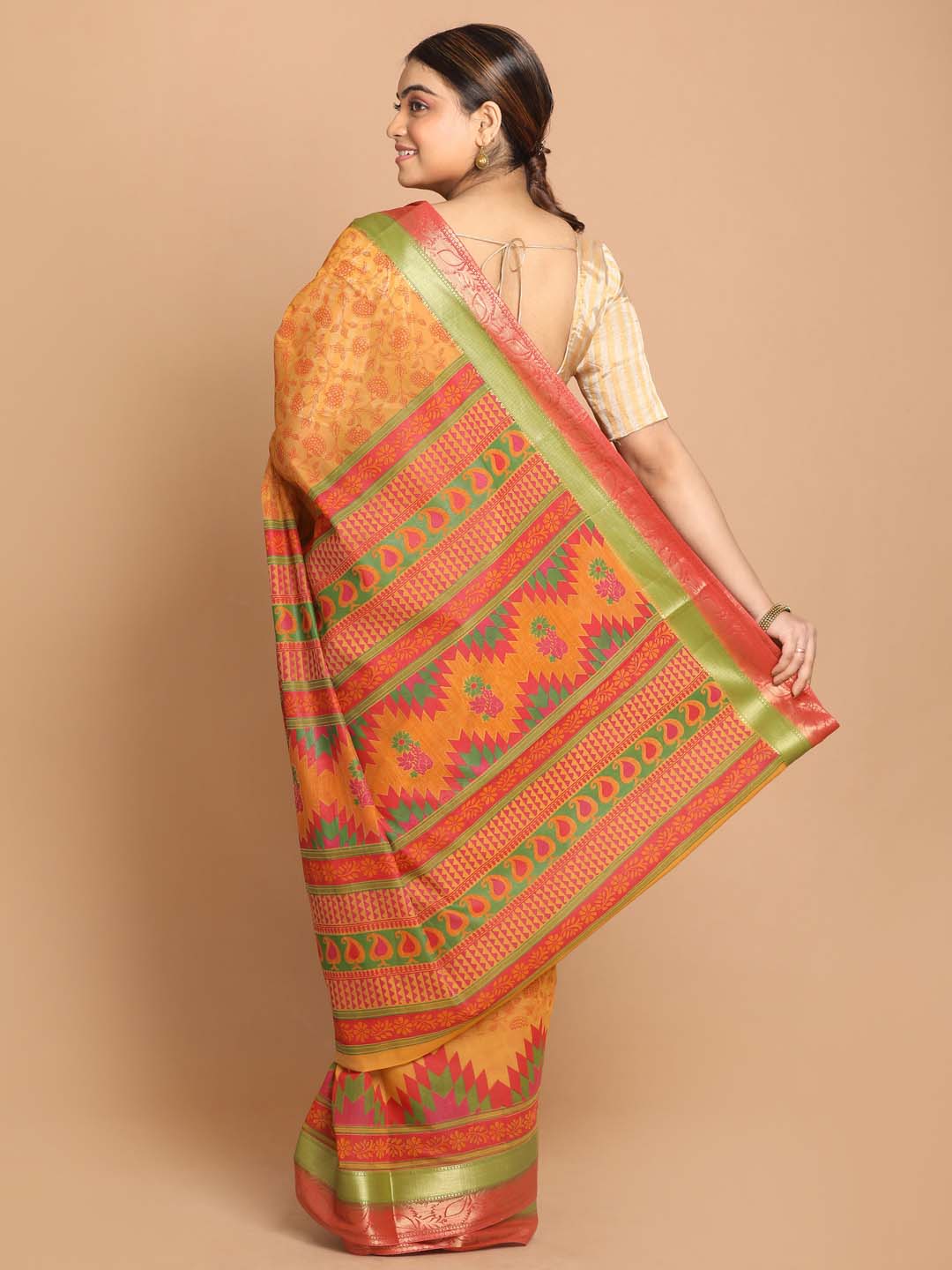 Indethnic Printed Cotton Blend Saree in Rust - View 3