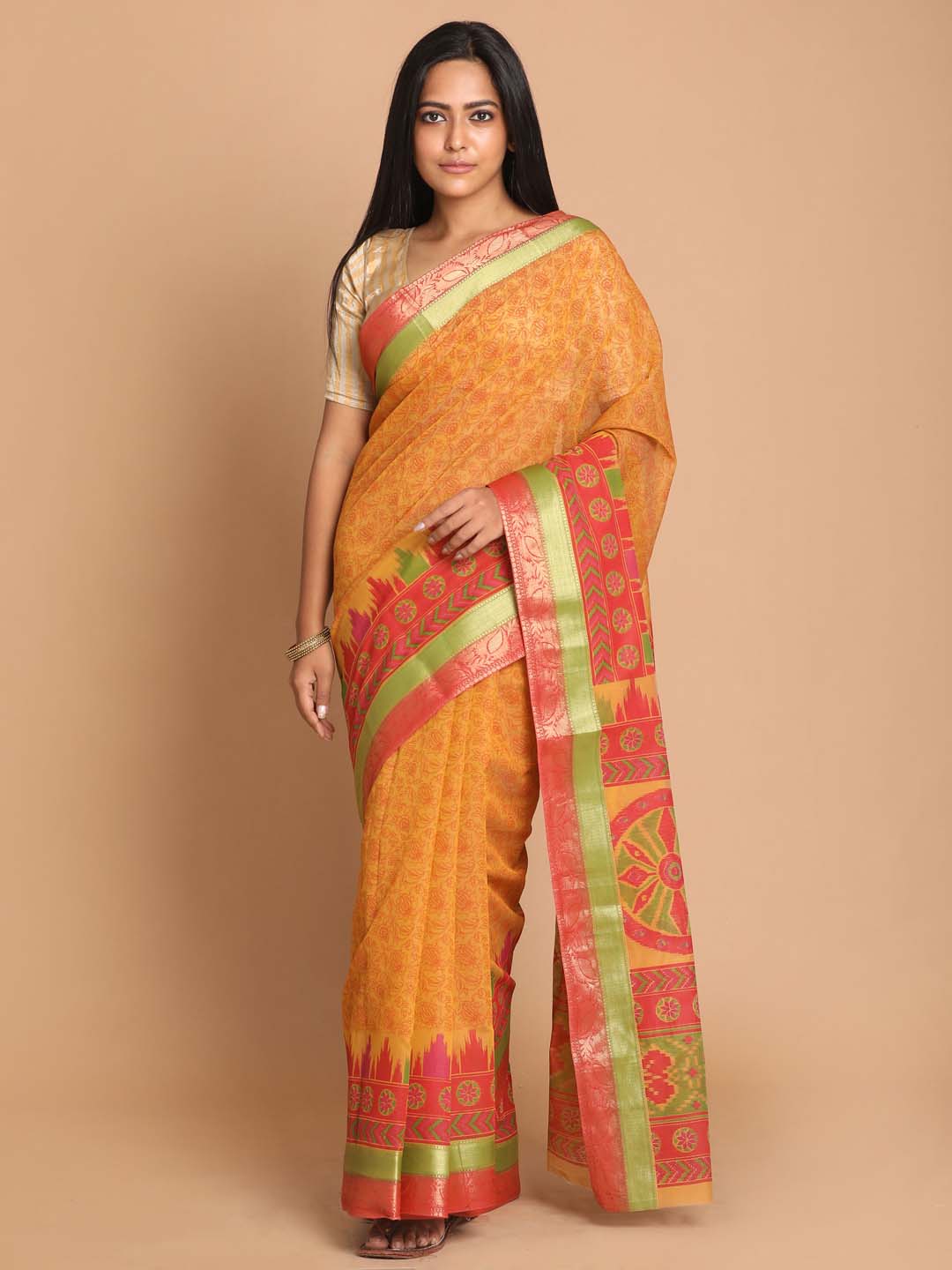 Indethnic Printed Cotton Blend Saree in Rust - View 1