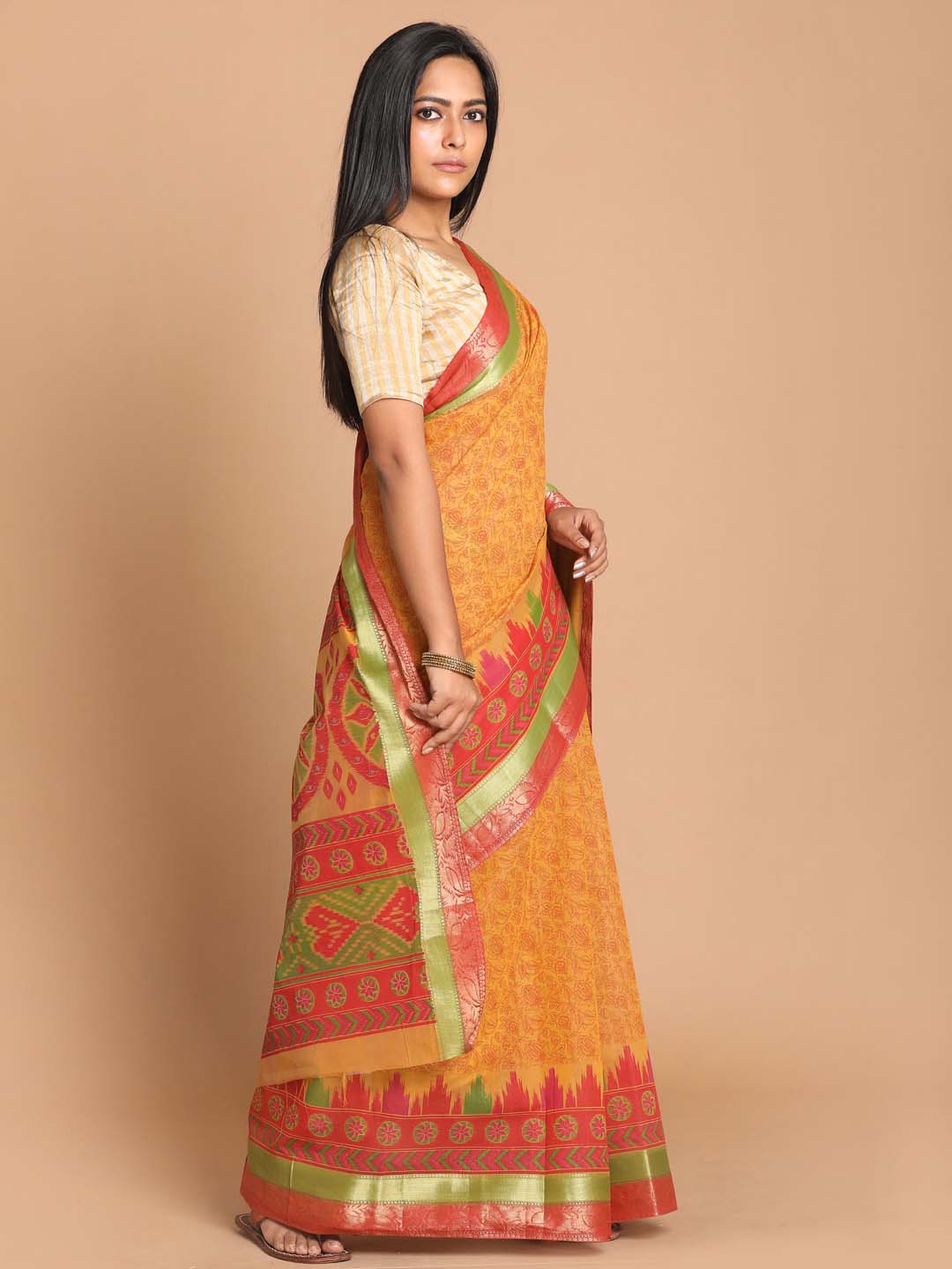 Indethnic Printed Cotton Blend Saree in Rust - View 2