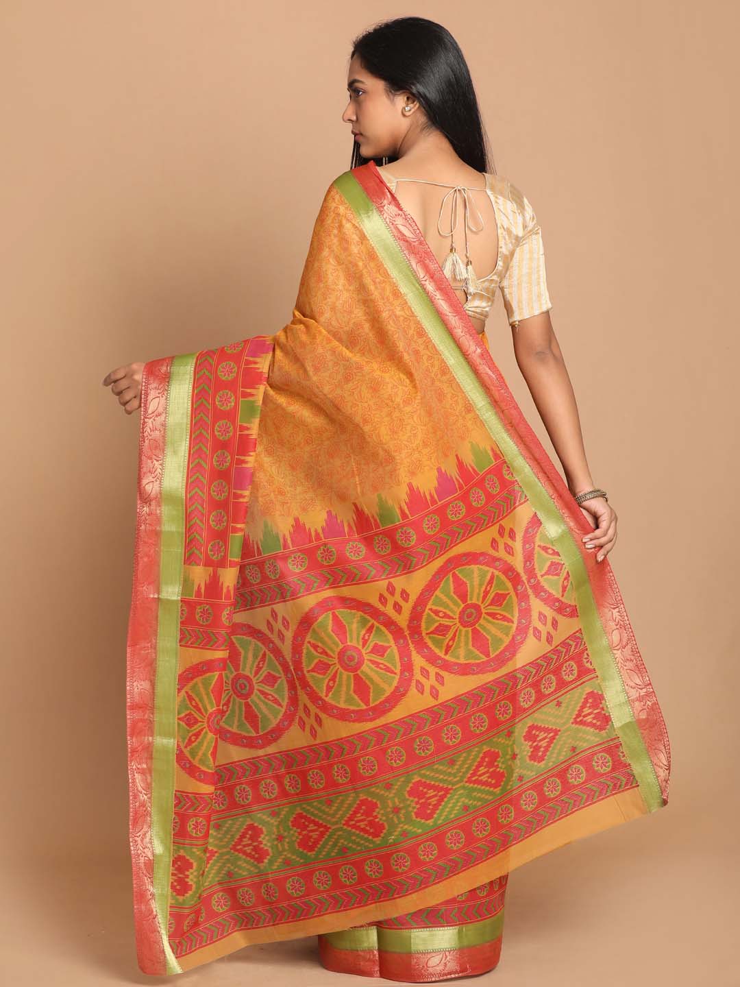 Indethnic Printed Cotton Blend Saree in Rust - View 3