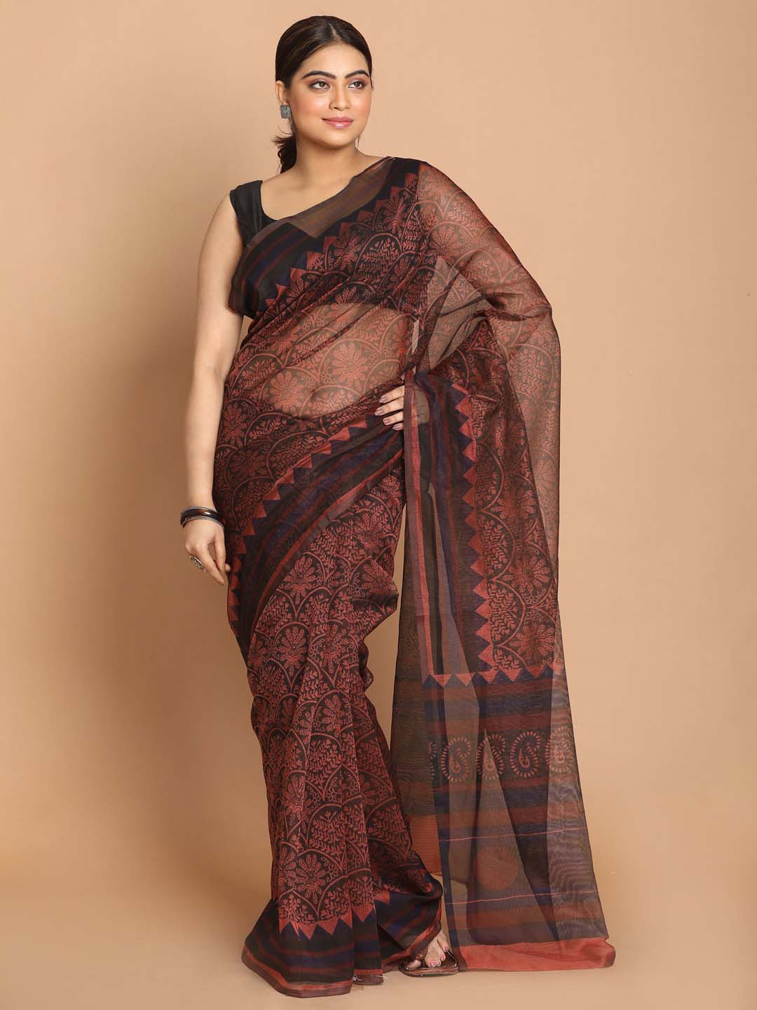 Indethnic Printed Cotton Blend Saree in Rust - View 1