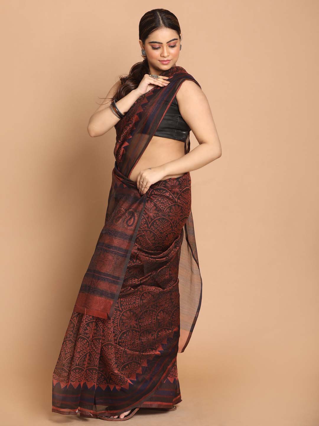 Indethnic Printed Cotton Blend Saree in Rust - View 2