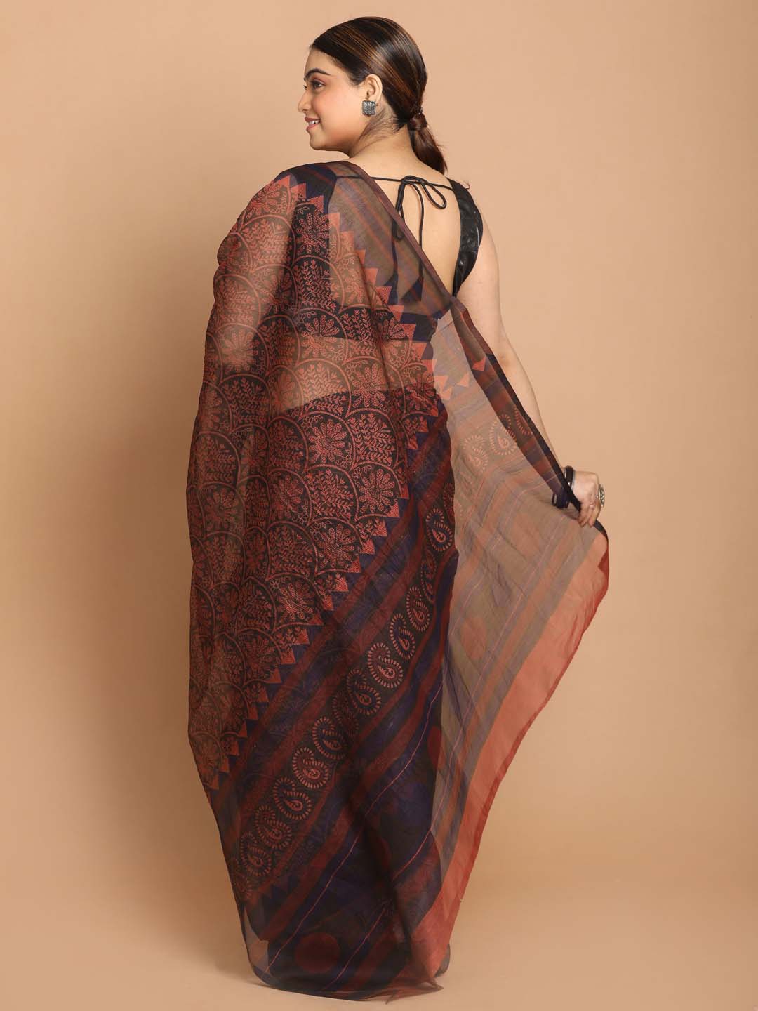 Indethnic Printed Cotton Blend Saree in Rust - View 3