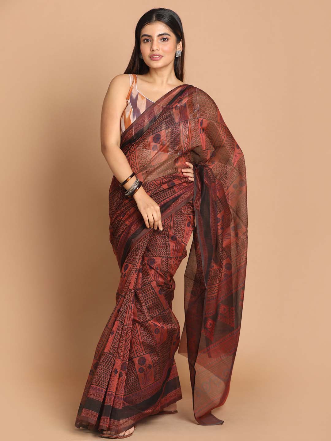 Indethnic Printed Cotton Blend Saree in Rust - View 1