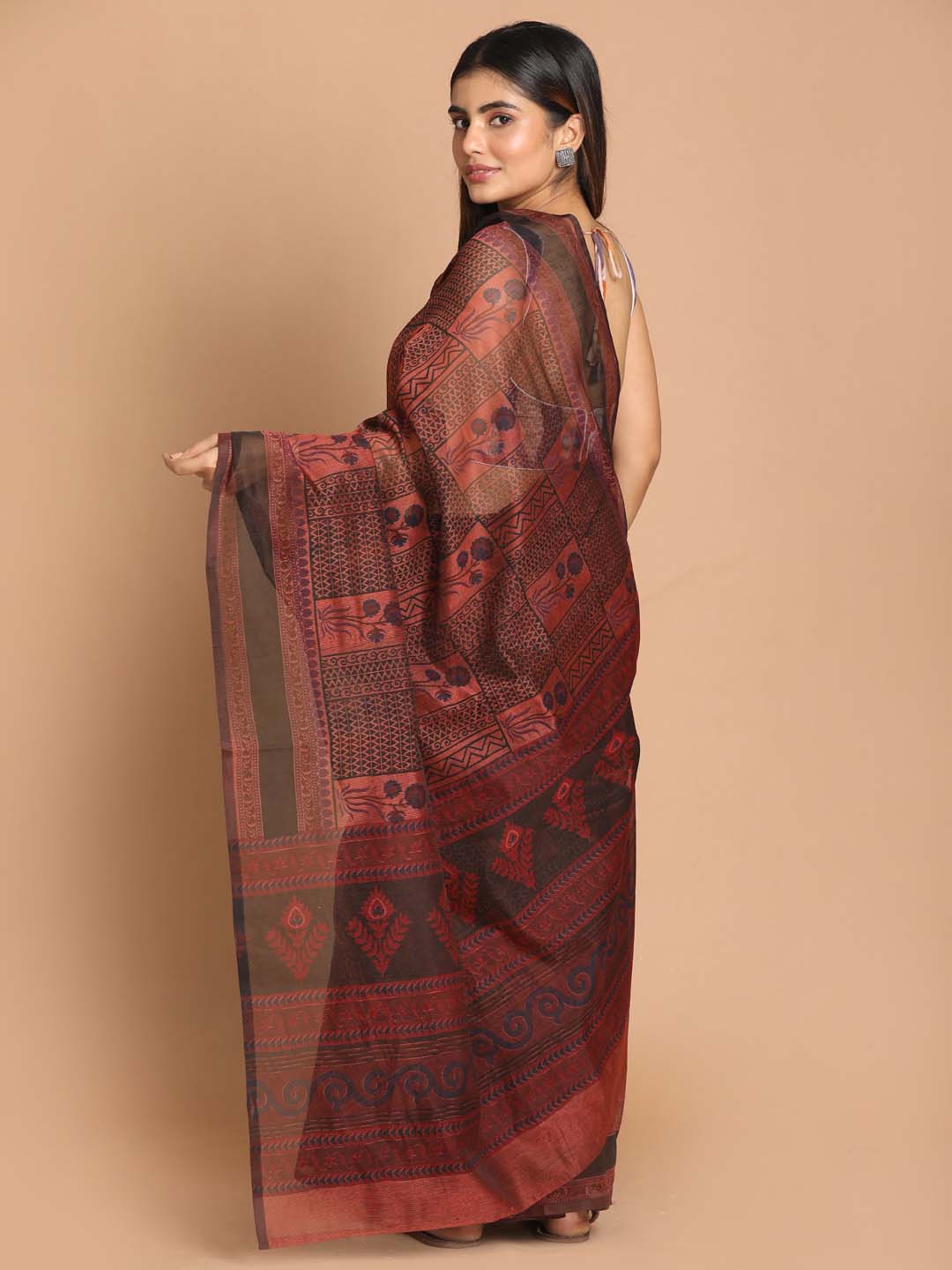 Indethnic Printed Cotton Blend Saree in Rust - View 3