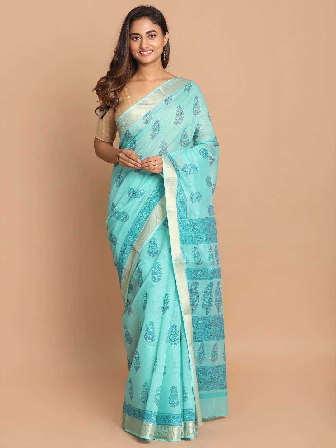 Indethnic Printed Cotton Blend Saree in Sea Green - View 1