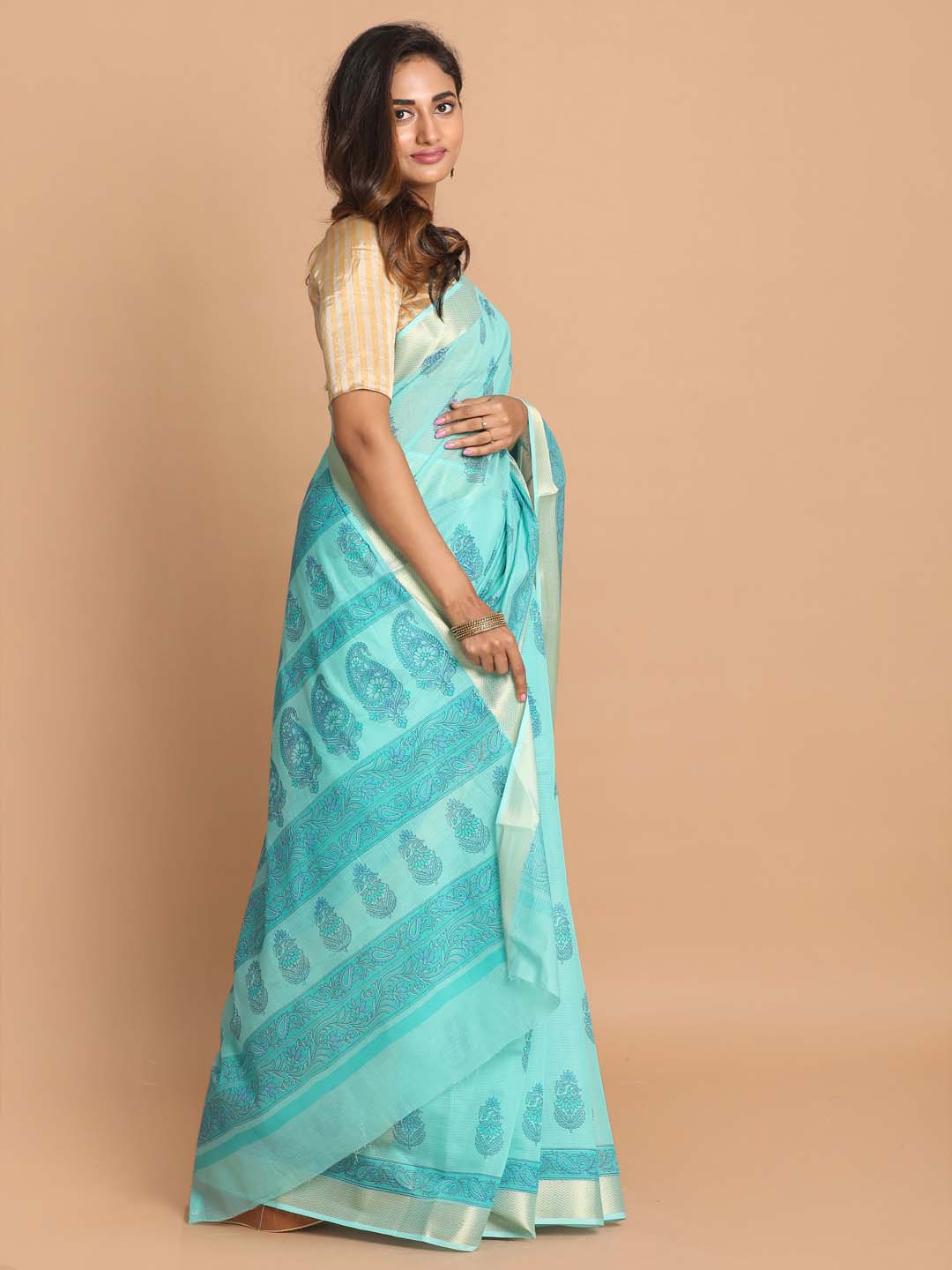 Indethnic Printed Cotton Blend Saree in Sea Green - View 2
